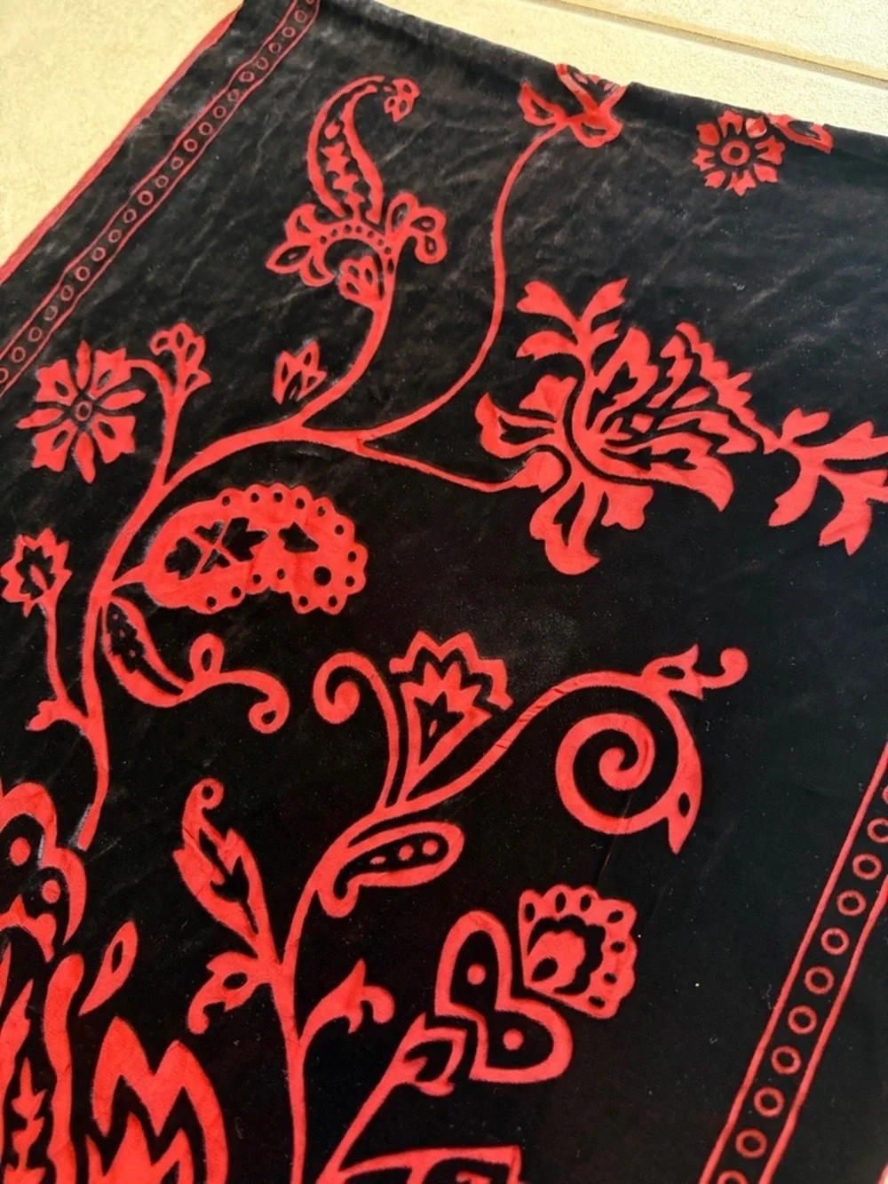 Black and Red Floral Velvet Fringe Scarf - Women Accessories